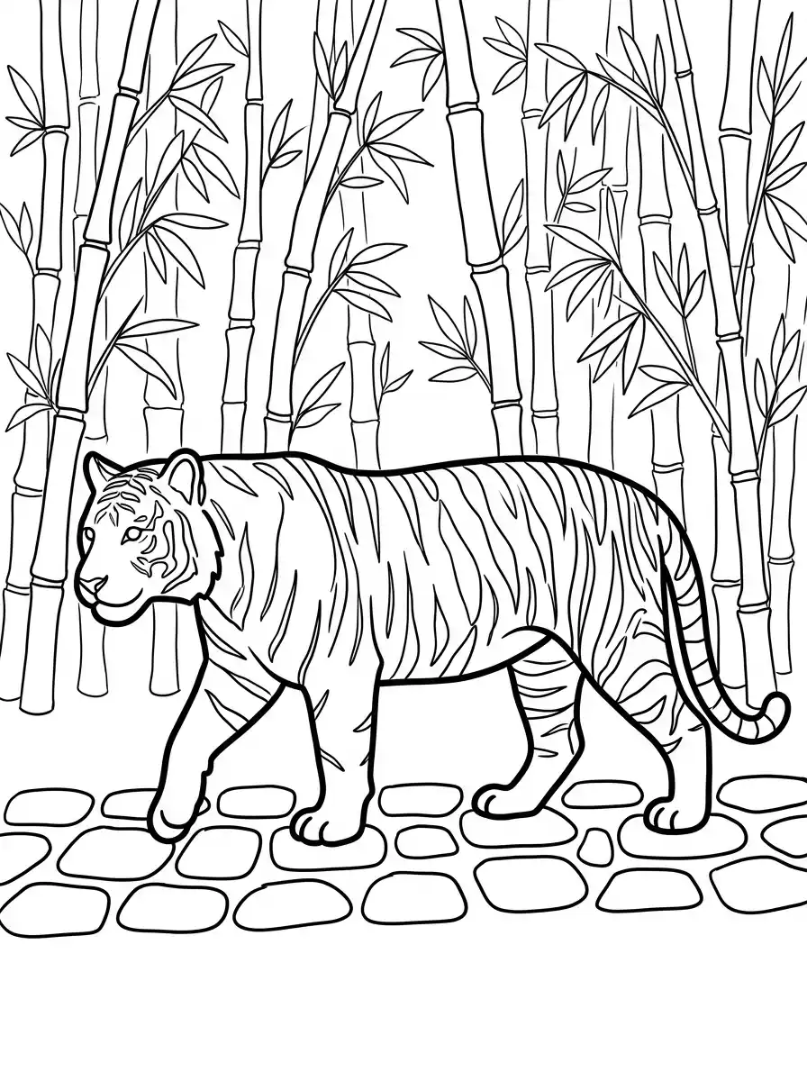 Ausmalbild Tiger im Bambuswald