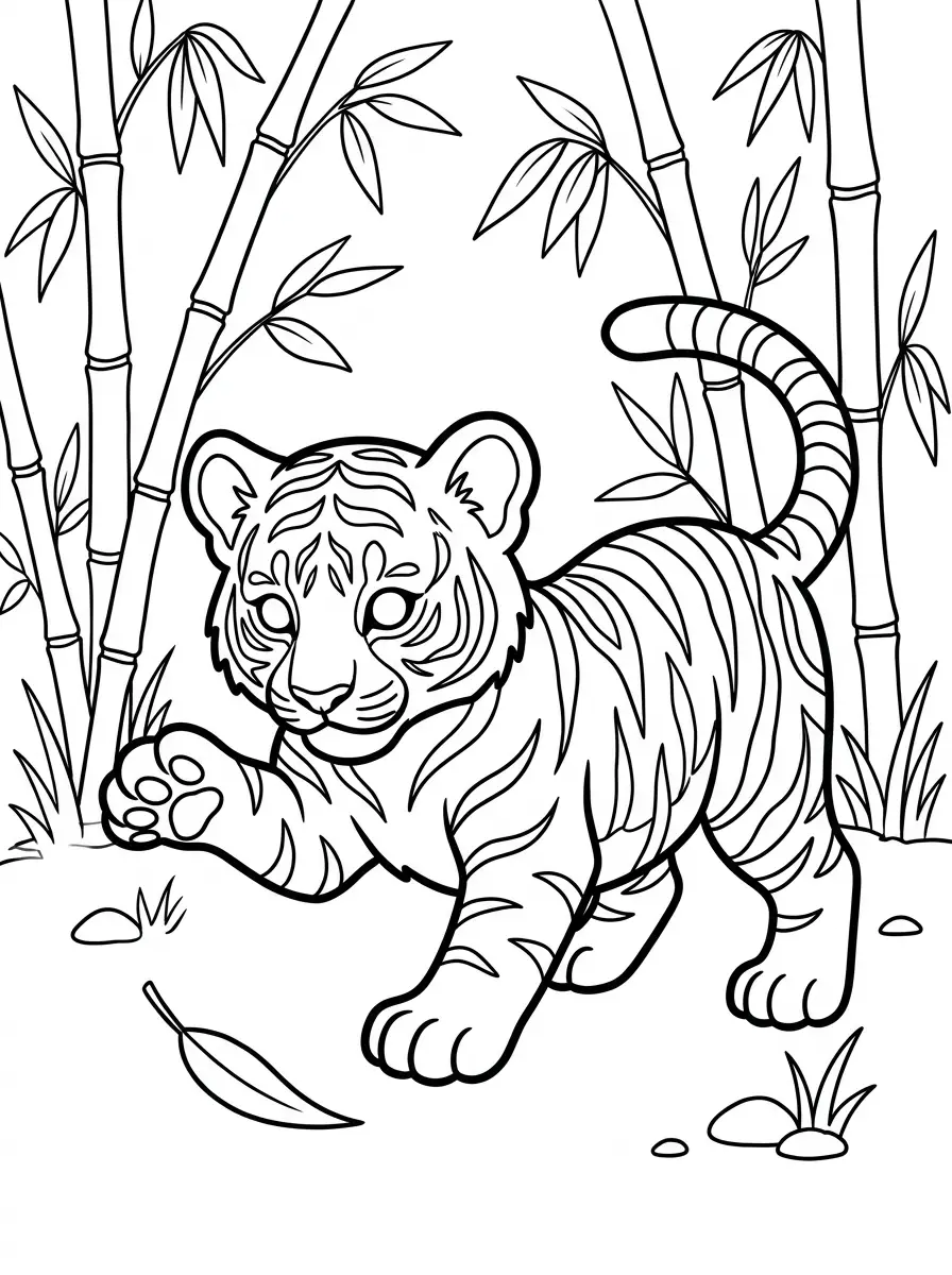 Ausmalbild Tiger mit Bambusblatt