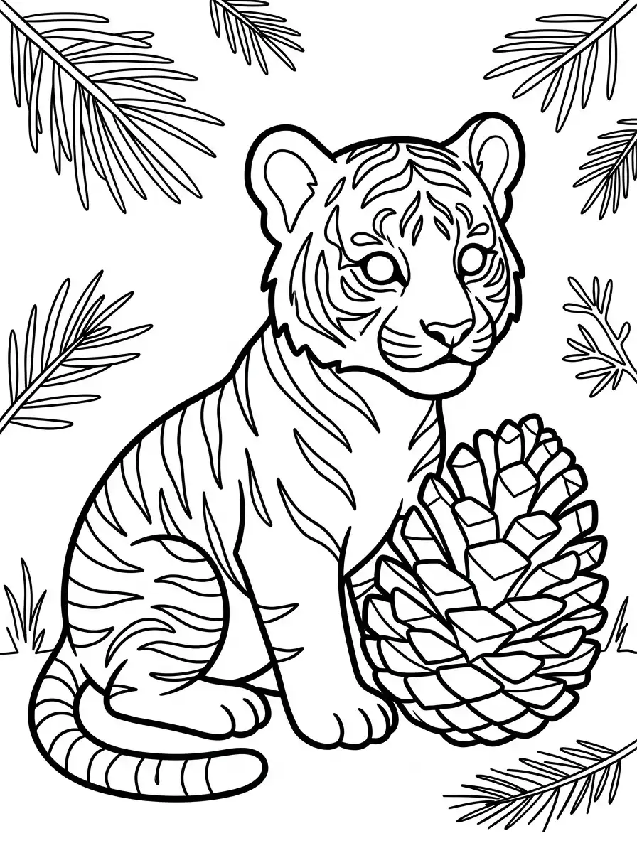 Ausmalbild Tiger mit Tannenzapfen