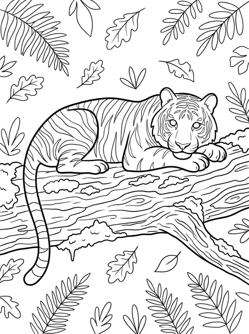 Ruhender Tiger auf Baumstamm