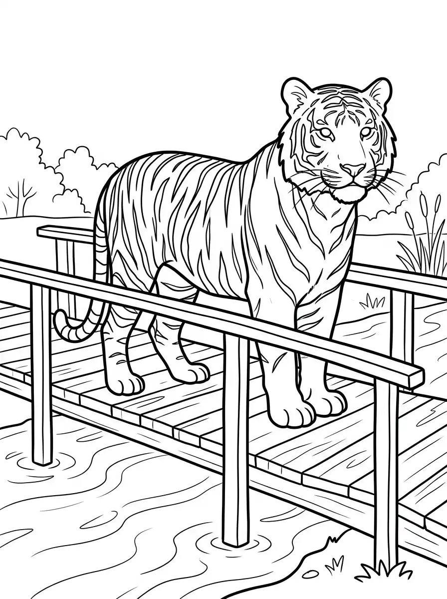 Tiger auf einer Holzbrücke