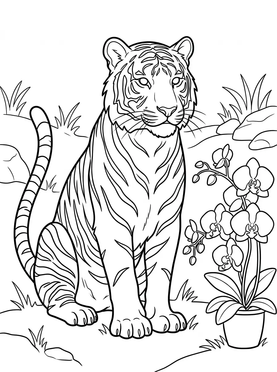 Tiger neben einer Orchidee