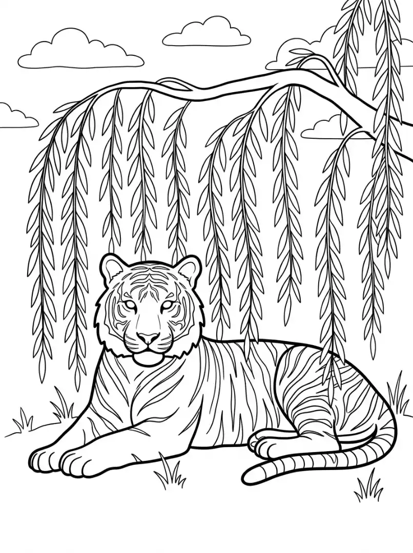 Tiger unter einer Trauerweide