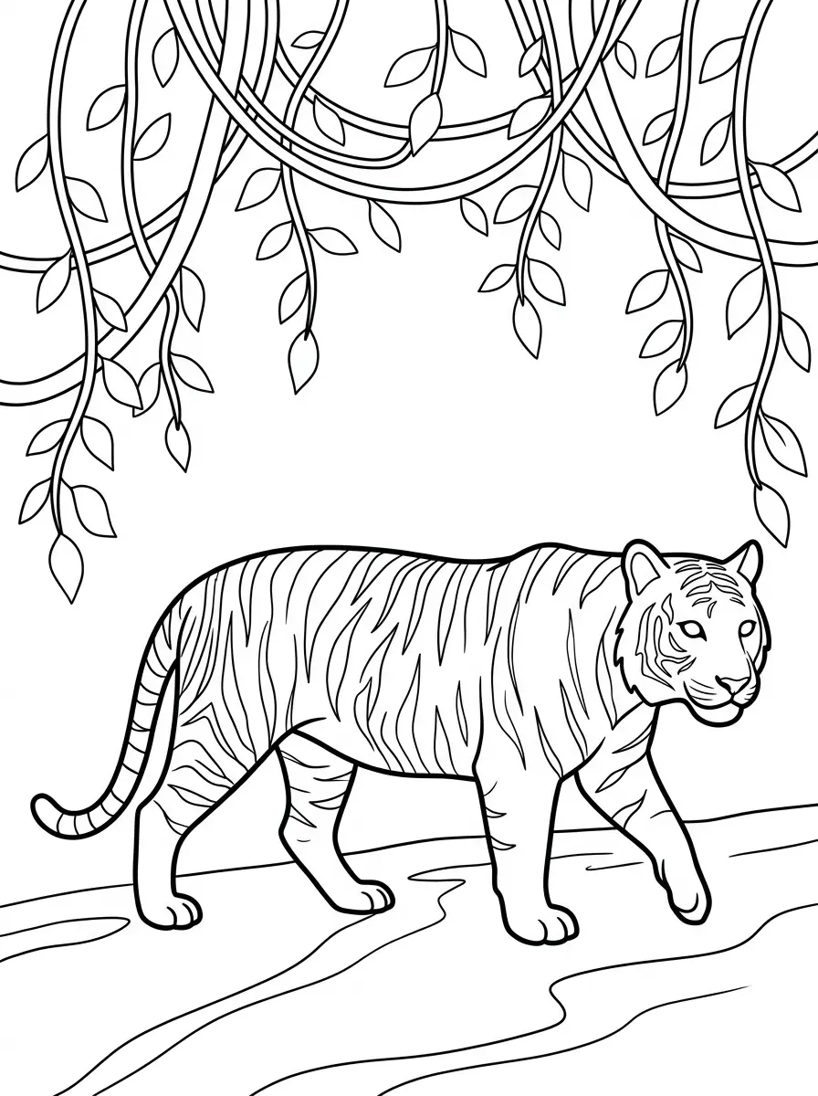 Ausmalbild Tiger unter Lianen