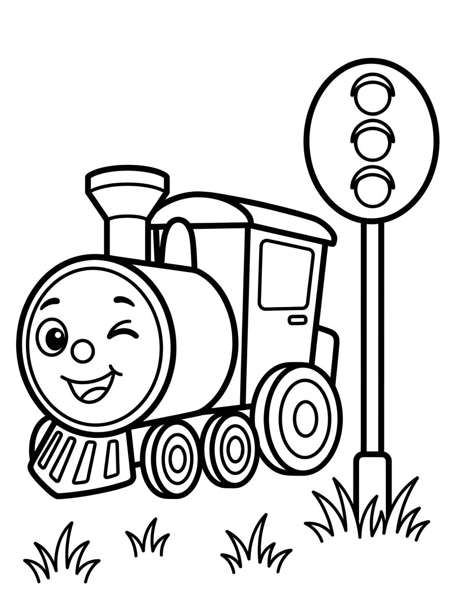 Ausmalbild Zug am Bahnsignal