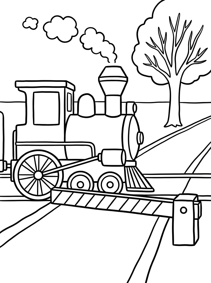 Ausmalbild Zug am Bahnübergang