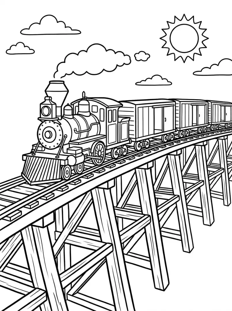 Ausmalbild Zug auf Holzbrücke