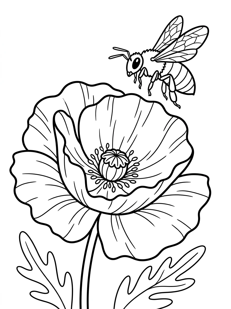 Biene fliegt über Mohnblume