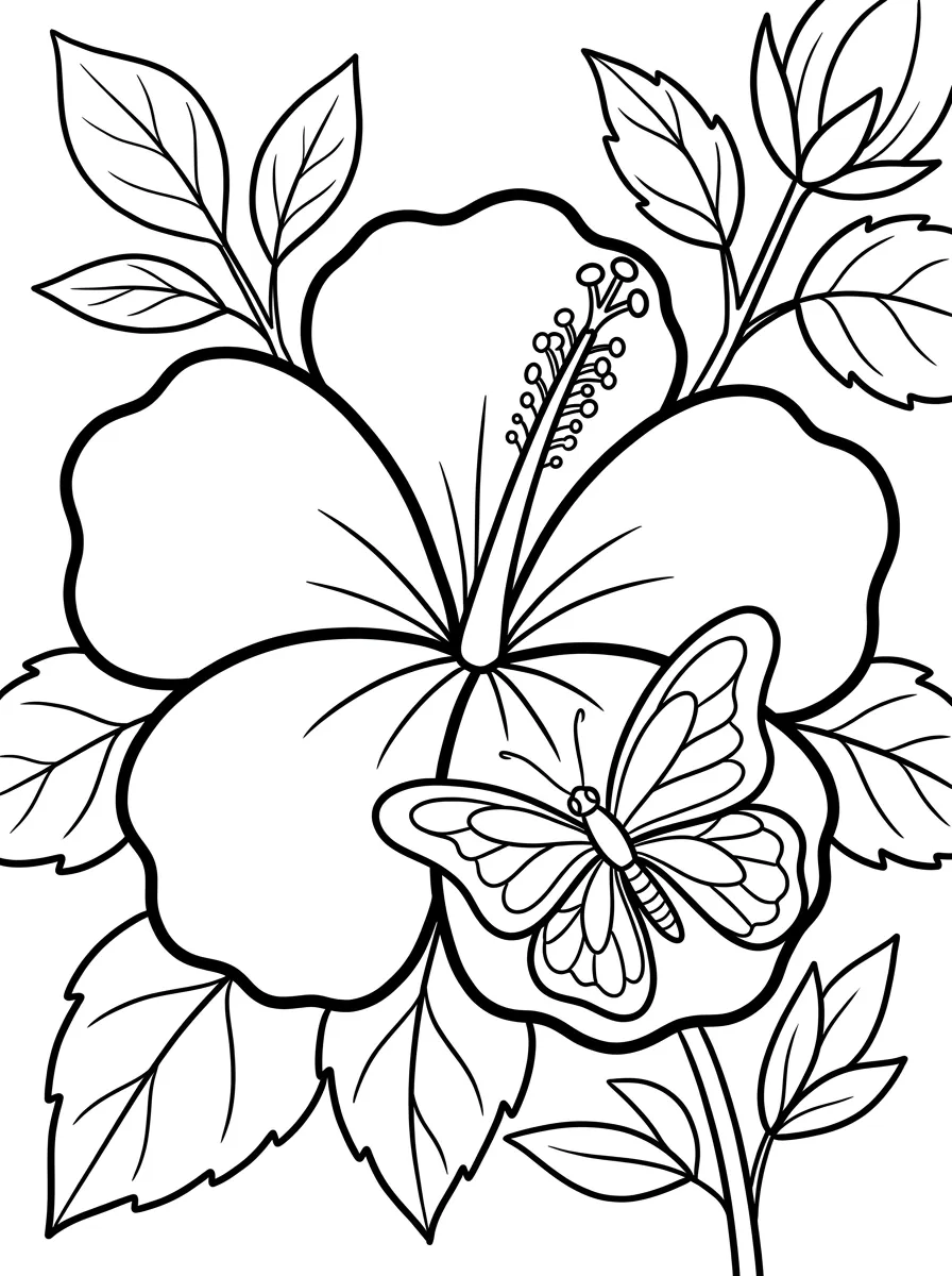 Ausmalbilder Blumen: Hibiskus und Schmetterling