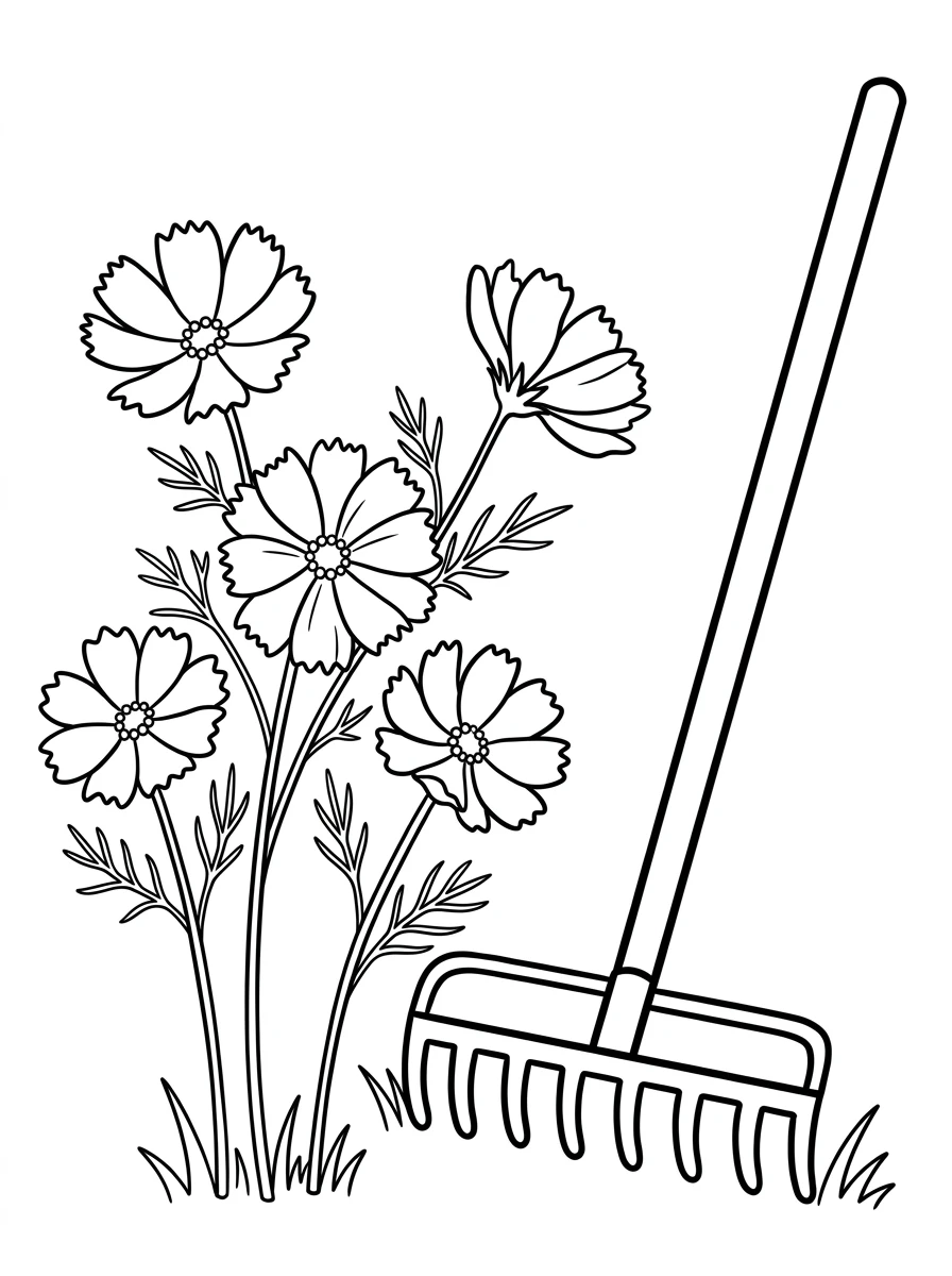 Kosmeen an einer Gartenharke