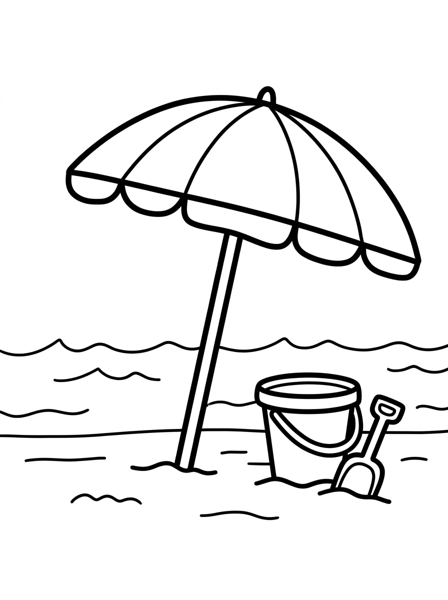 Sonnenschirm und Sandeimer am Strand