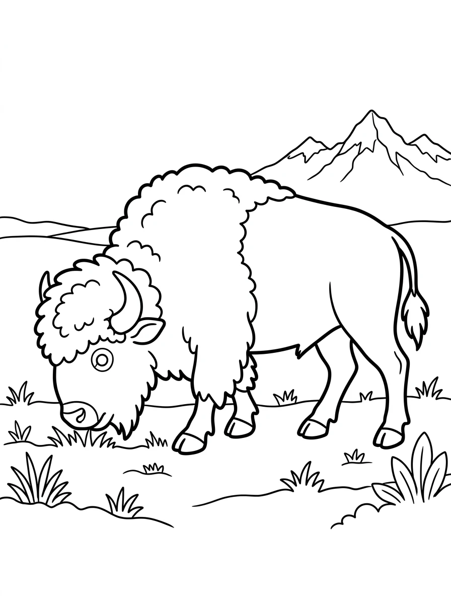 Grasender Bison vor Bergen