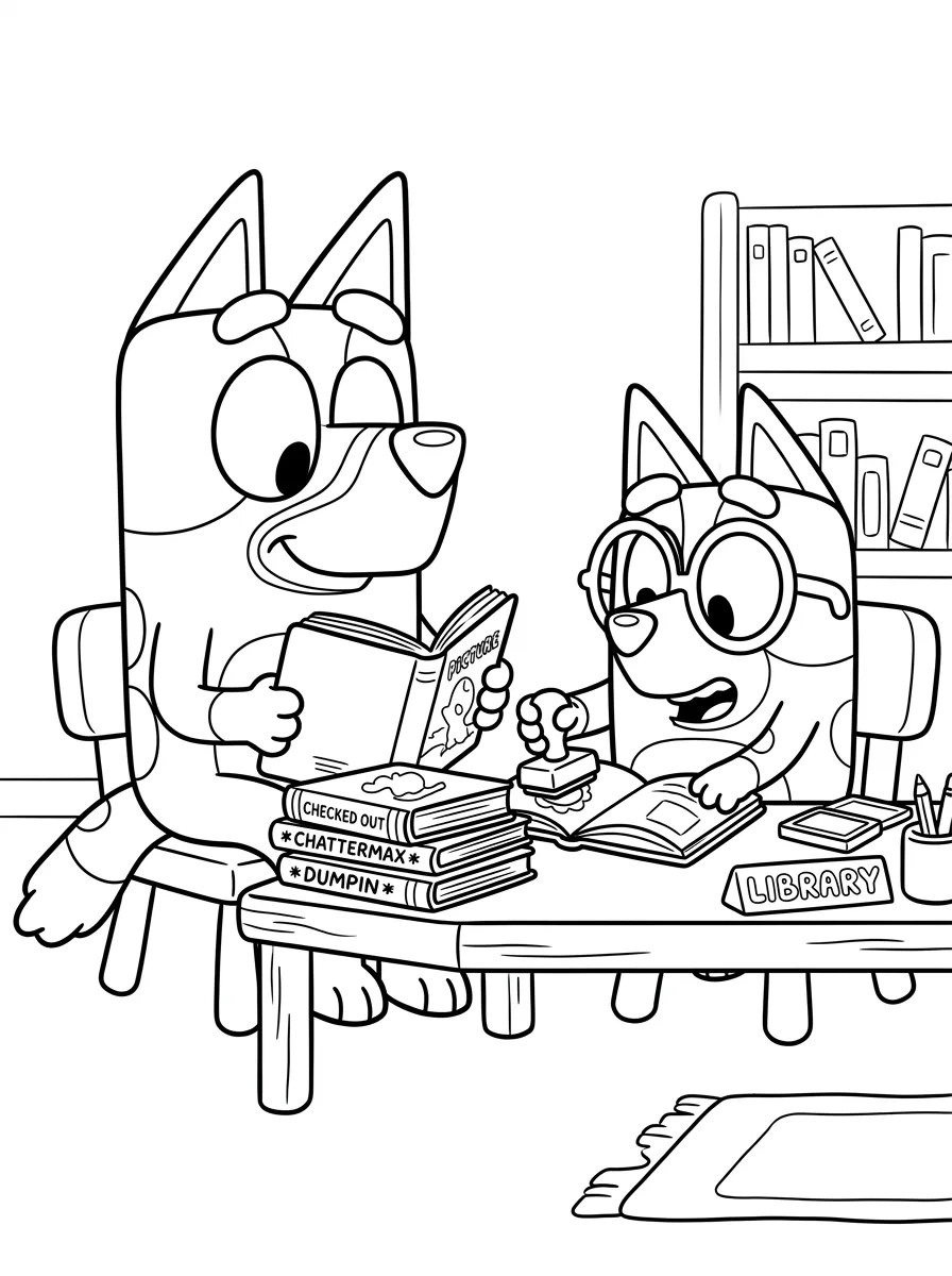 Bluey und Muffin spielen Bibliothek