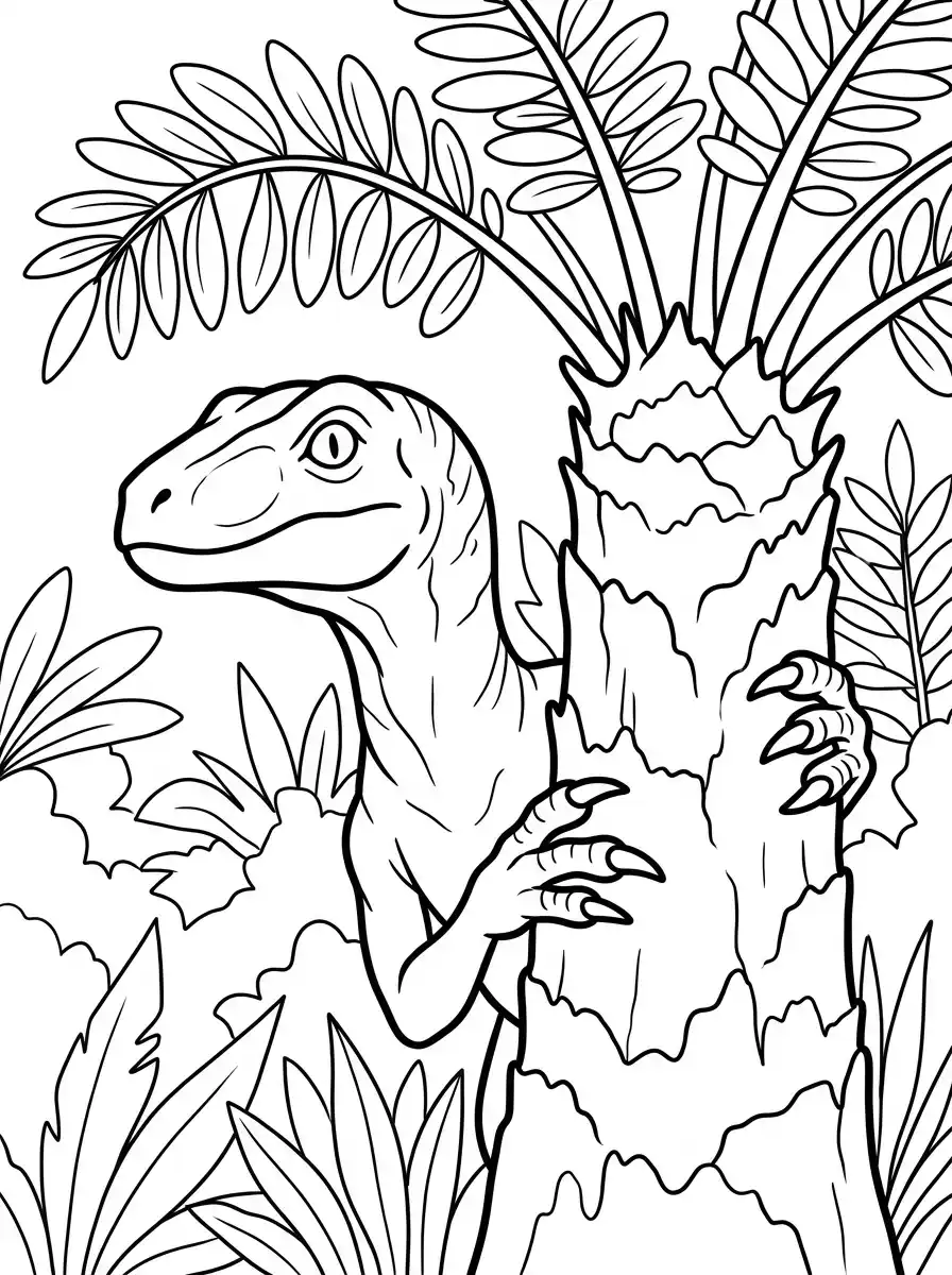 Dino hinter einem Urwaldbaum