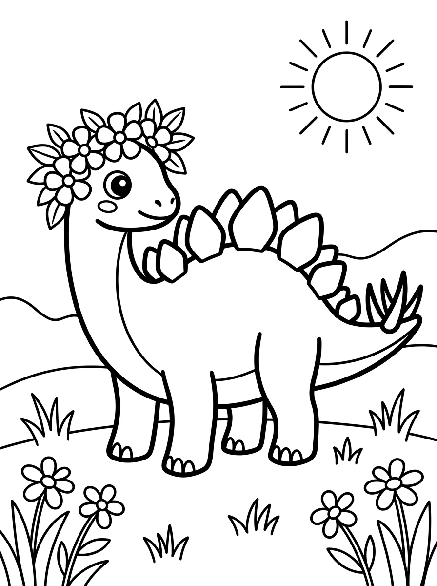 Stegosaurus mit Blumenkrone auf Wiese