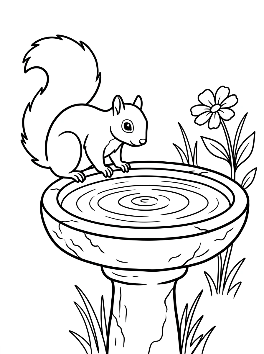 Eichhörnchen-Ausmalbild an der Vogeltränke