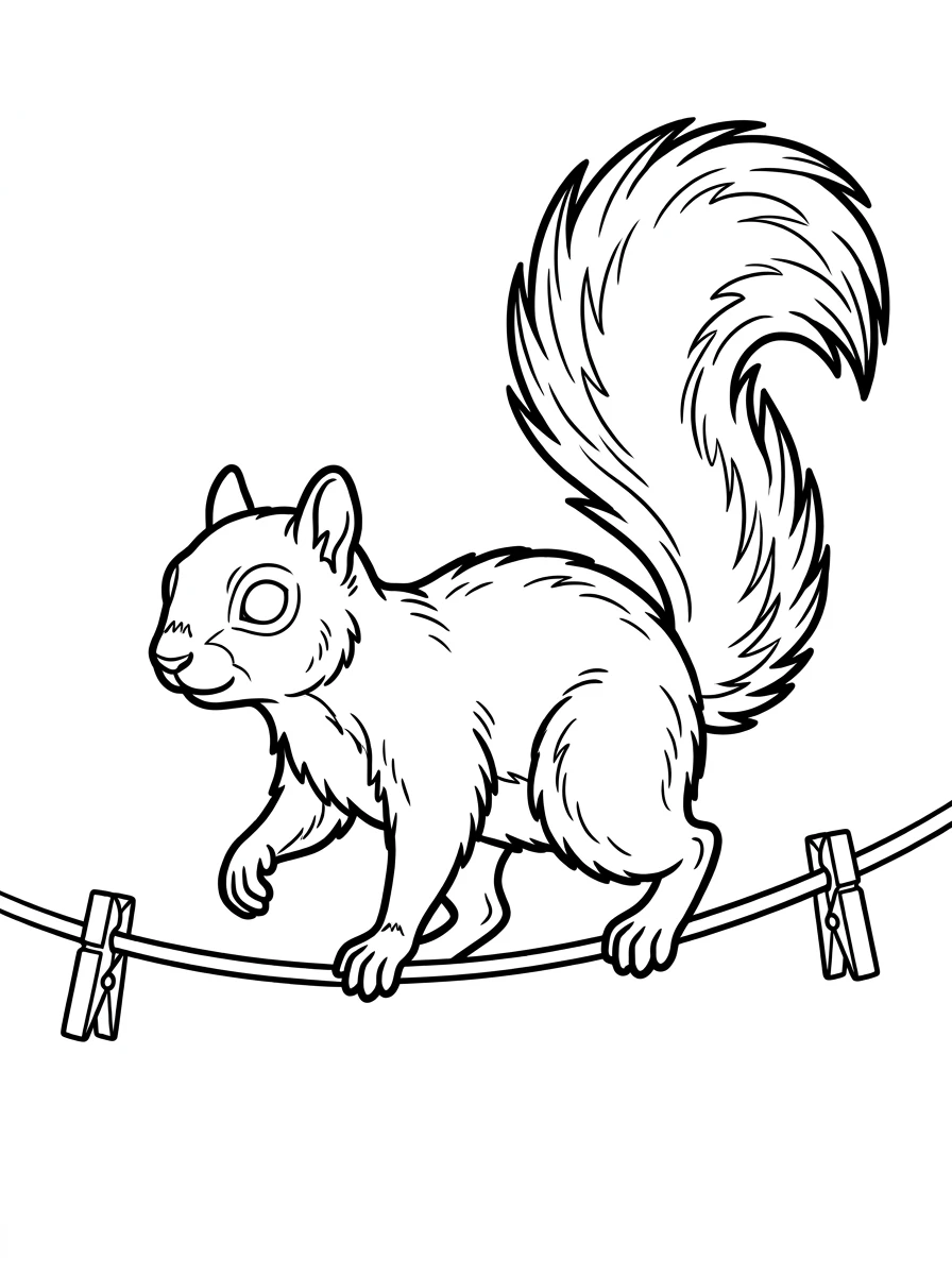 Eichhörnchen Ausmalbild auf der Wäscheleine
