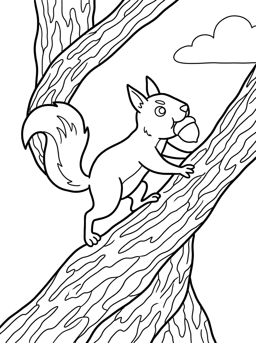Eichhörnchen klettert mit Eichel