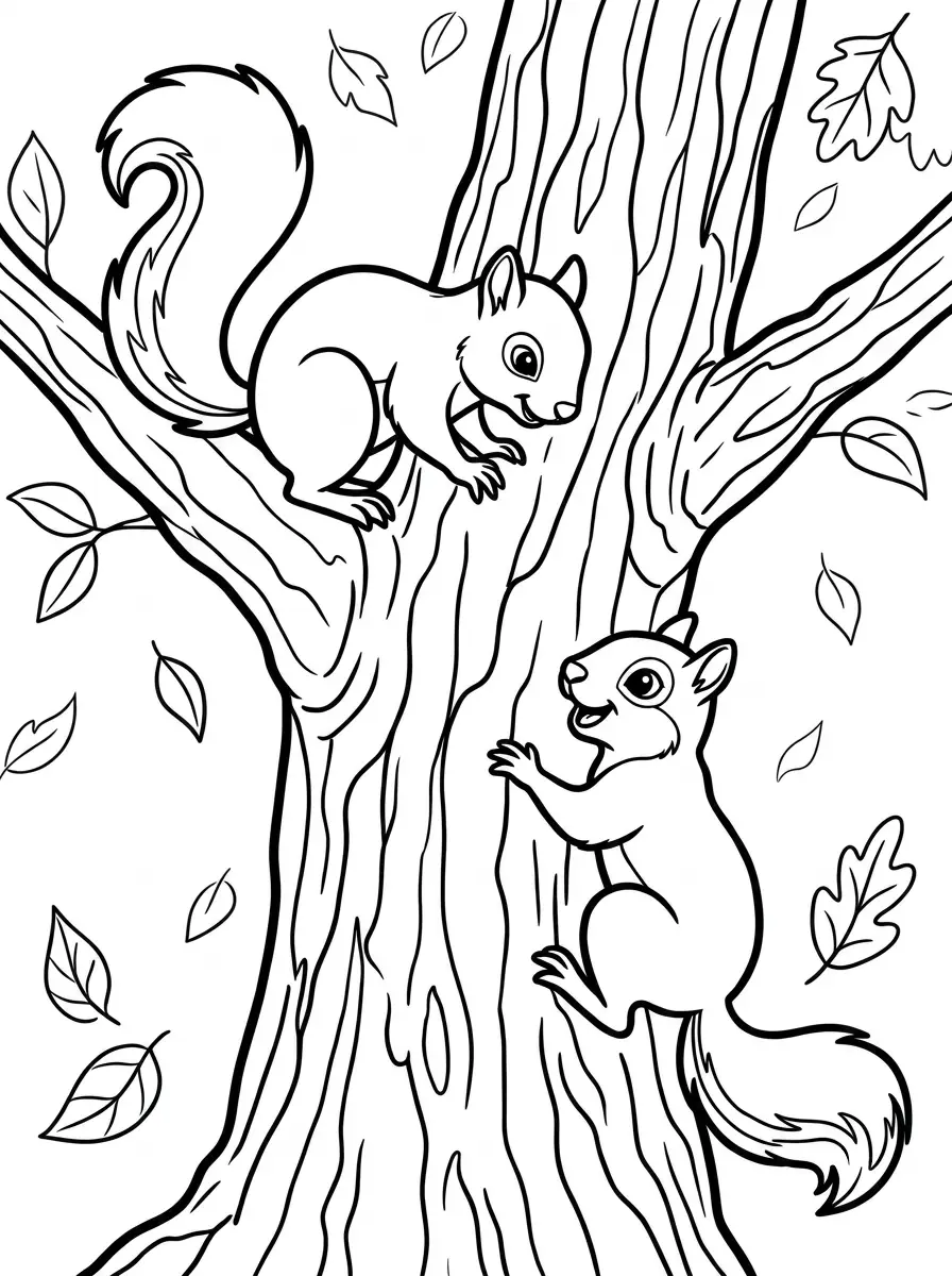 Zwei Eichhörnchen am Baumstamm