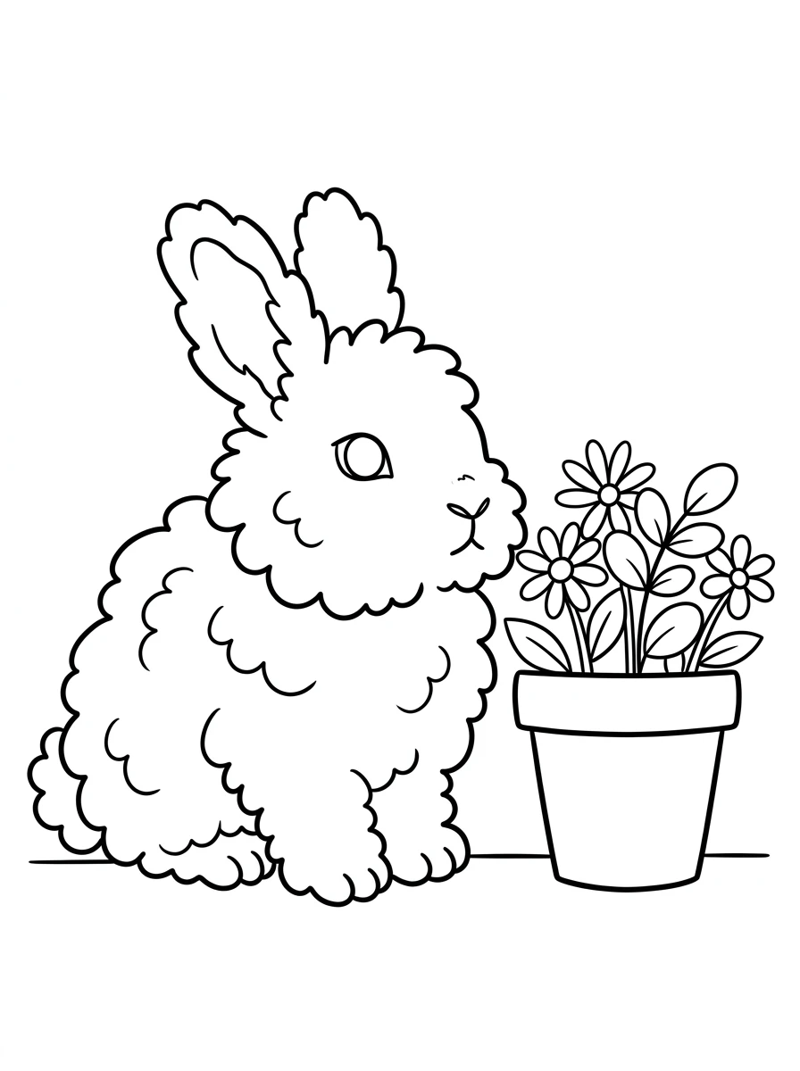 Flauschiger Hase am Blumentopf