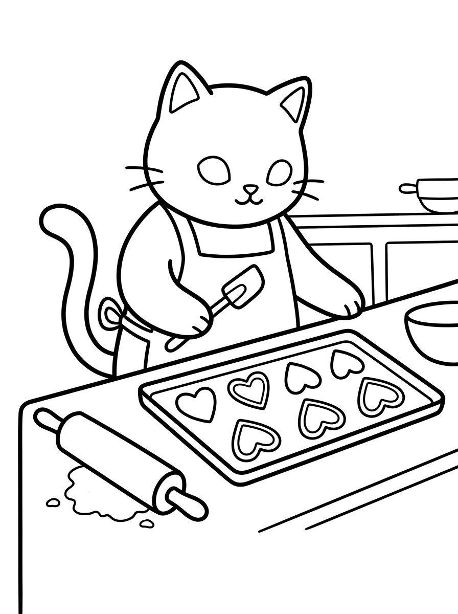 Katze backt Herzkekse