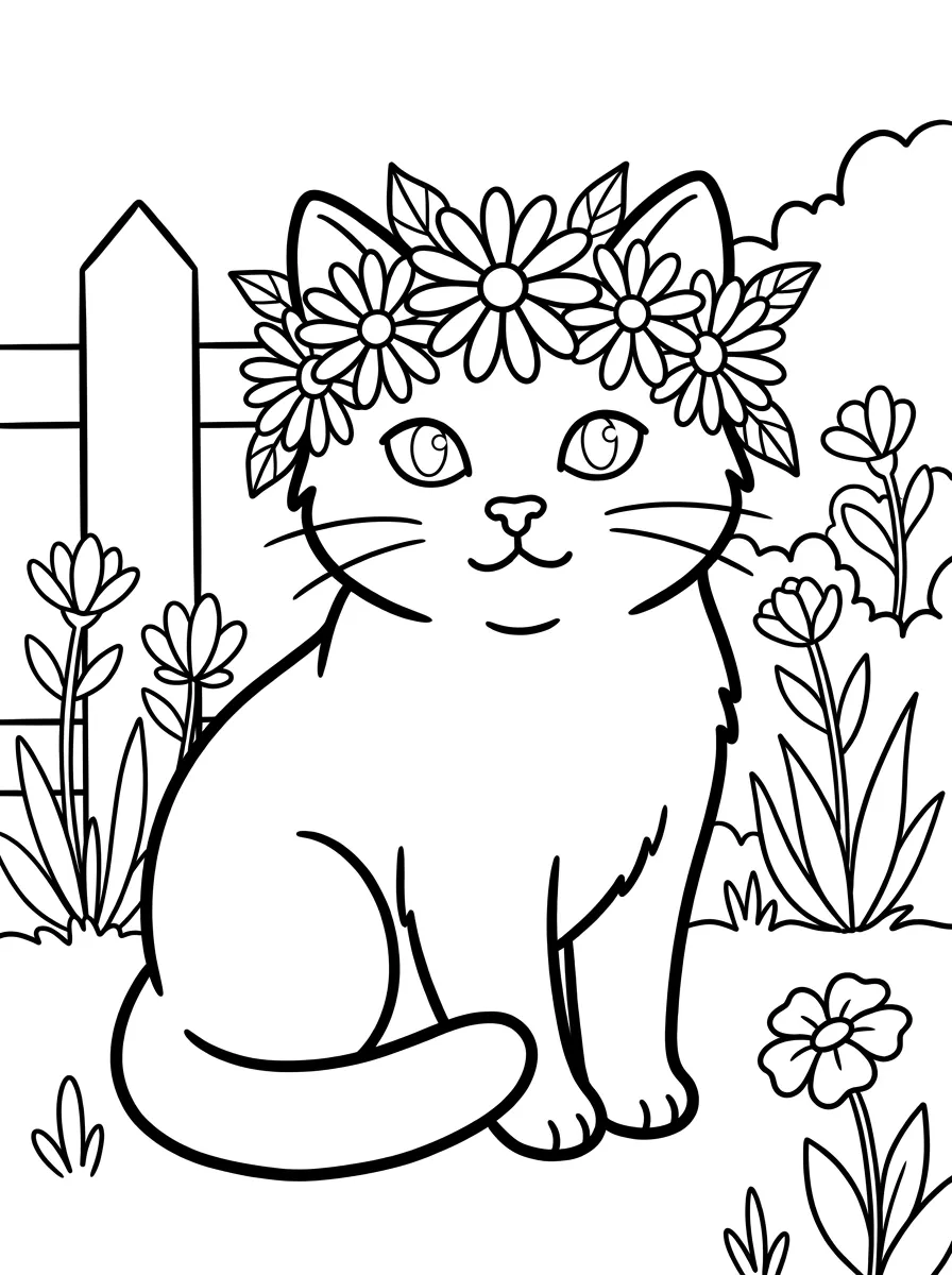 Katze mit Blumenkrone im Garten