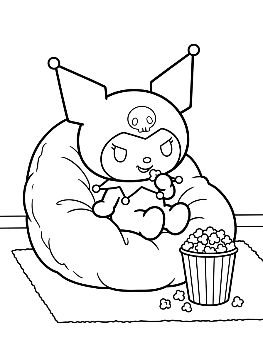 Kuromi mit Popcorn auf Sitzsack