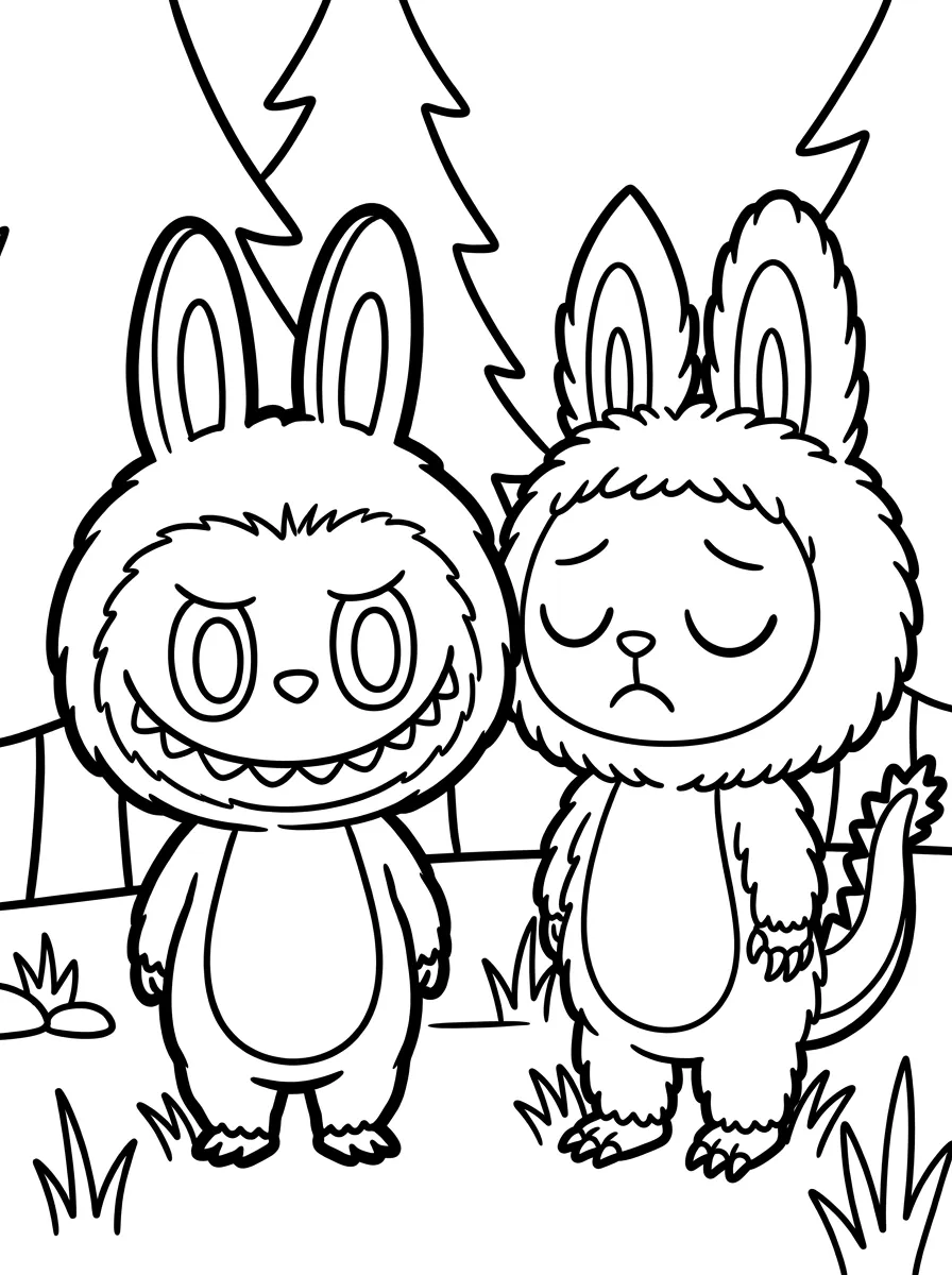 Zwei Labubu-Monster im Wald