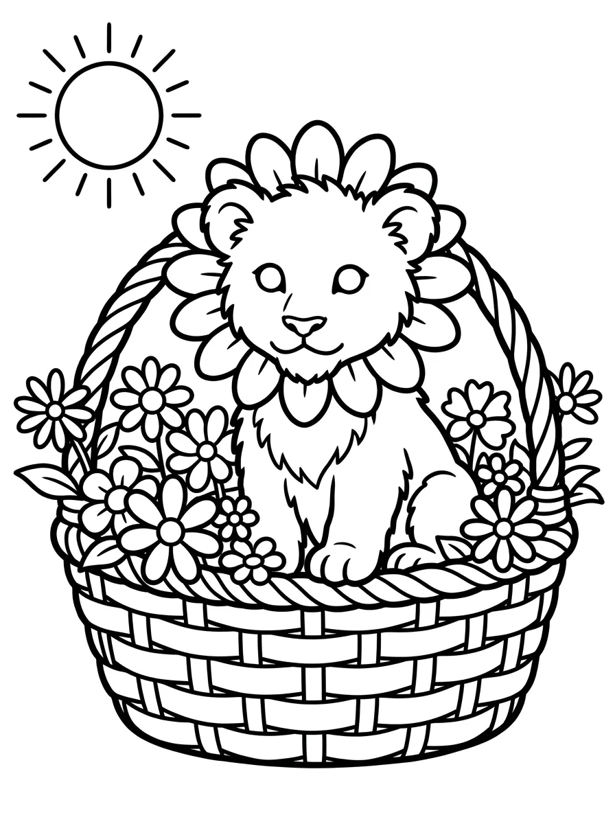 Löwe Ausmalbild im Blumenkorb