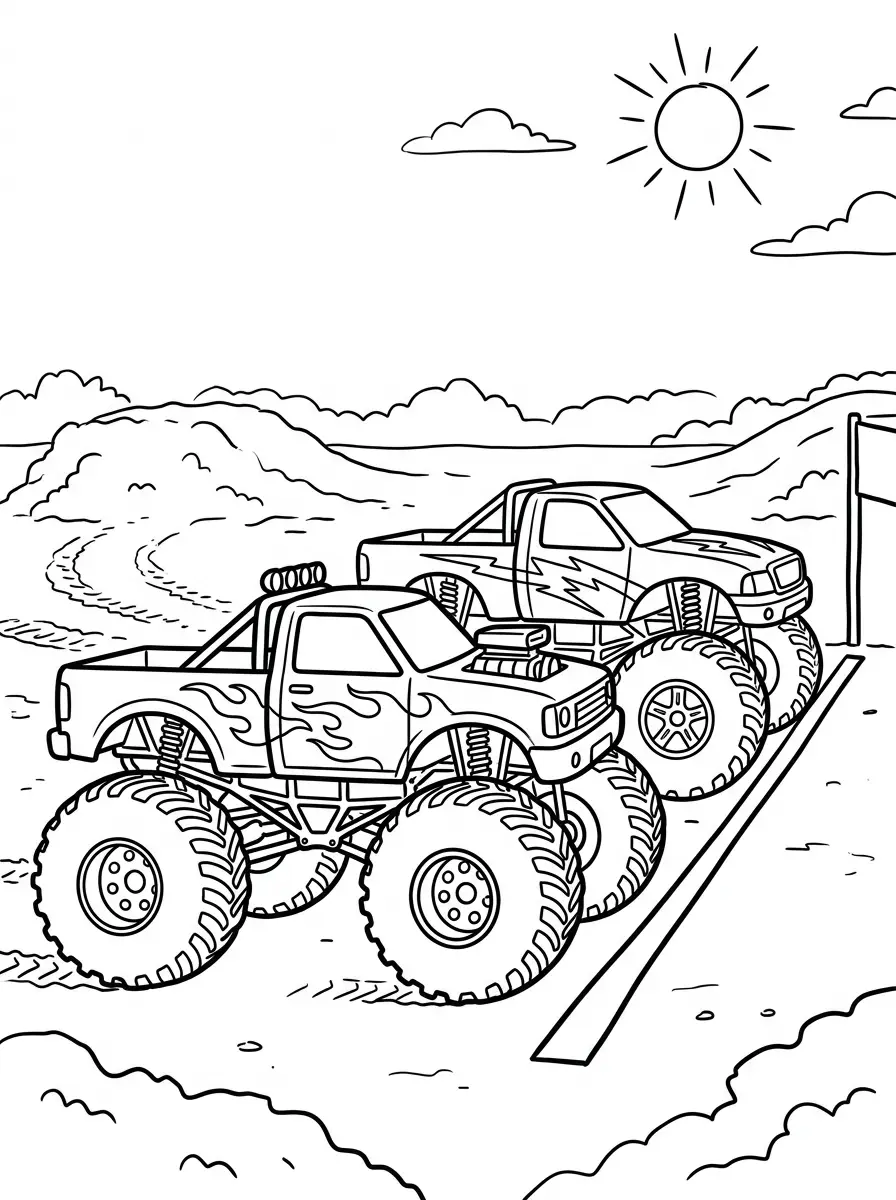 Monstertruck-Ausmalbild an der Startlinie