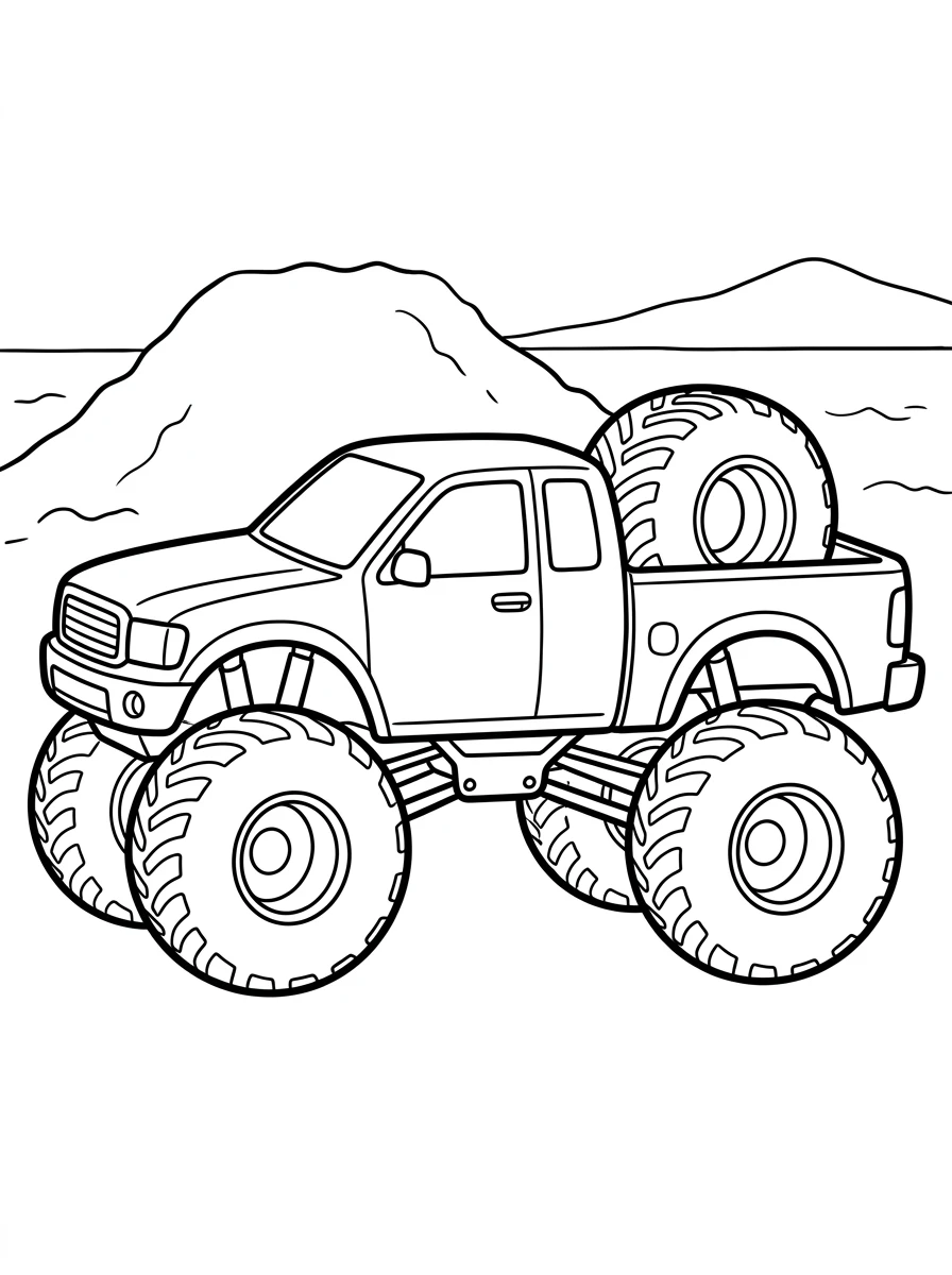 Monstertruck-Ausmalbild mit Ersatzreifen