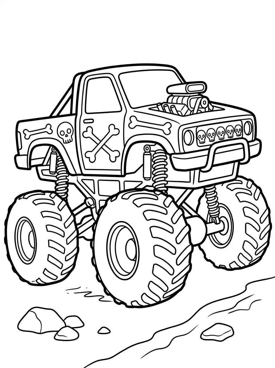 Monstertruck Ausmalbild mit Skelett