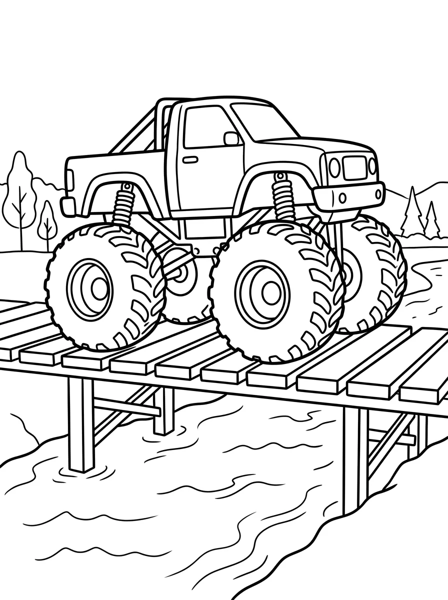 Monstertruck auf einer Holzbrücke