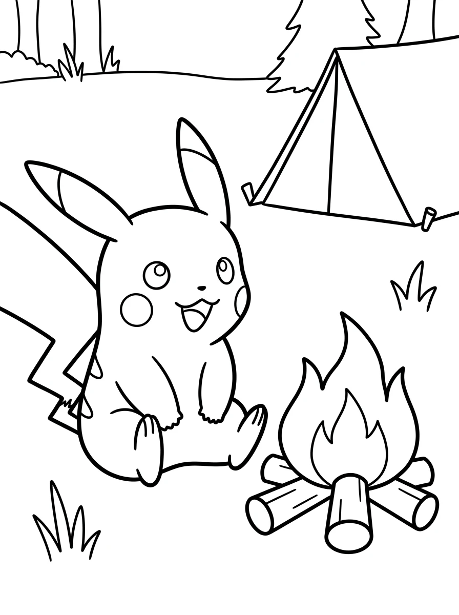 Pikachu Ausmalbild am Lagerfeuer