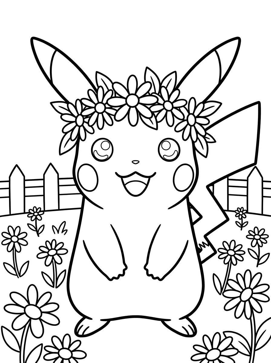 Pikachu Ausmalbild mit Blumenkranz