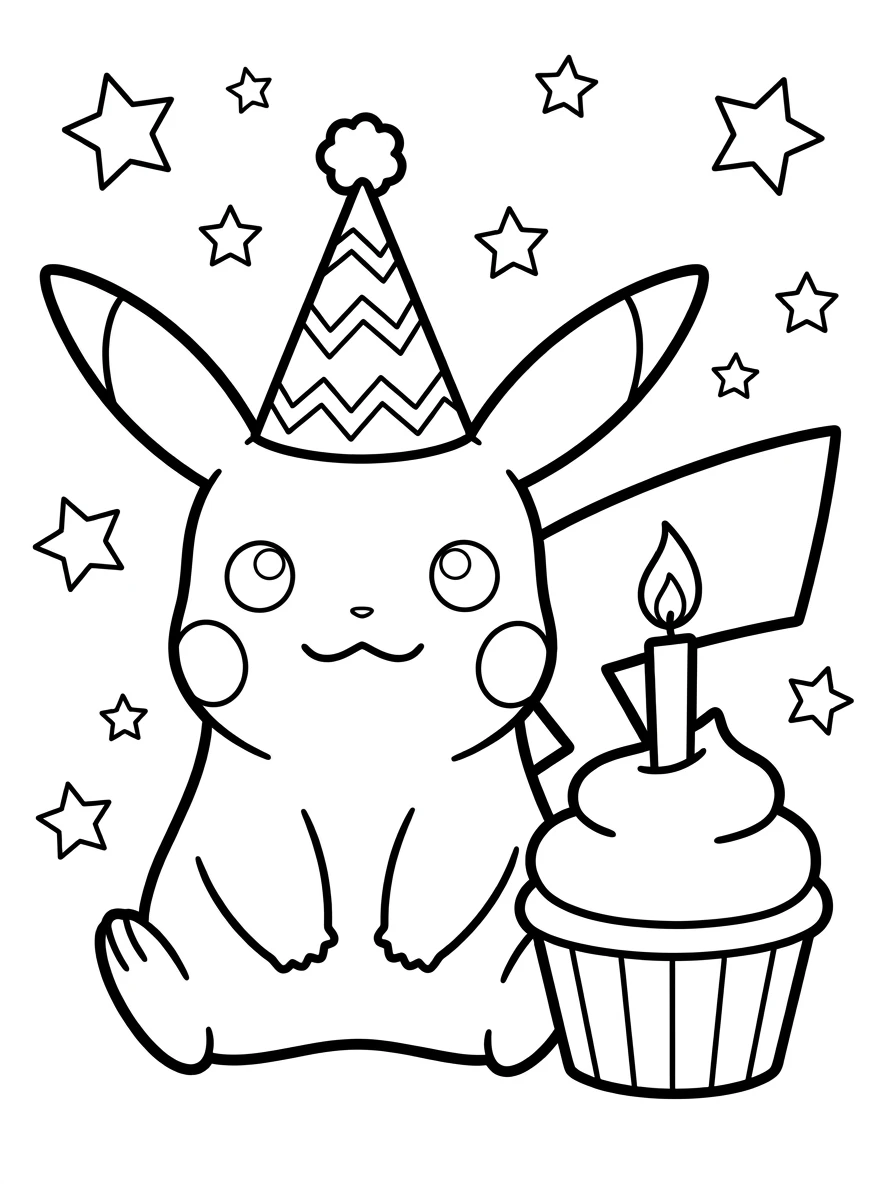 Pikachu Ausmalbild mit Cupcake