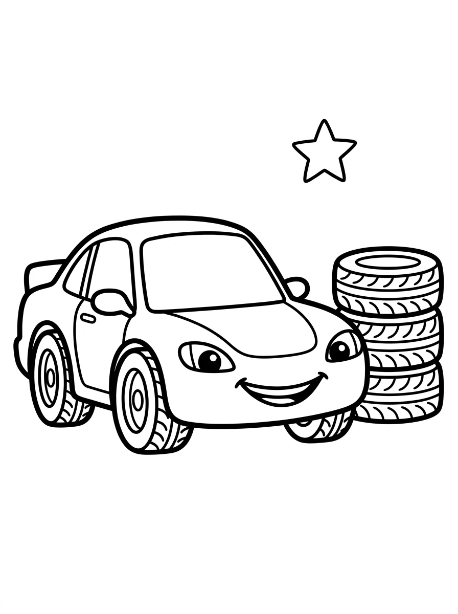Lächelndes Rennauto mit Reifenstapel
