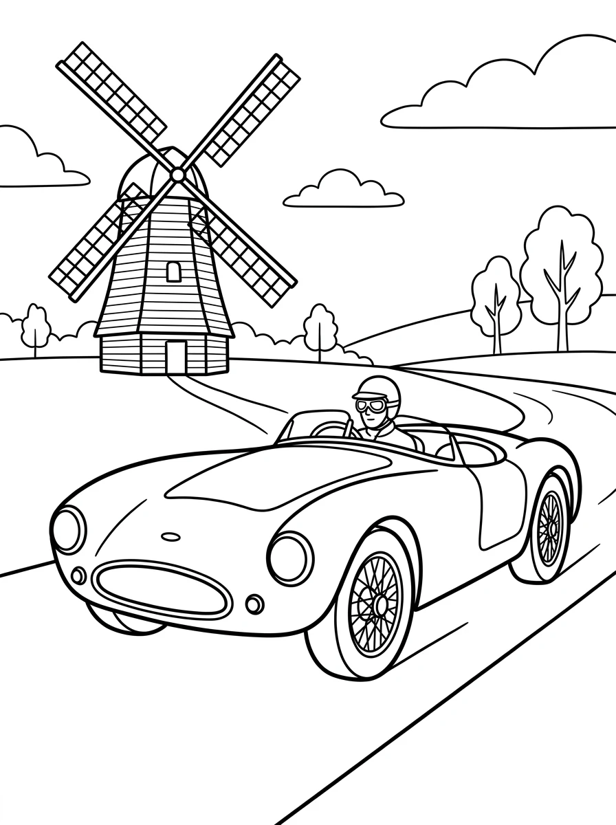 Rennauto Ausmalbild mit Windmühle