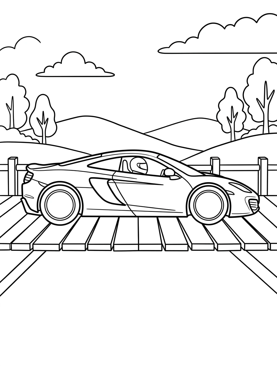 Rennauto auf einer Holzbrücke