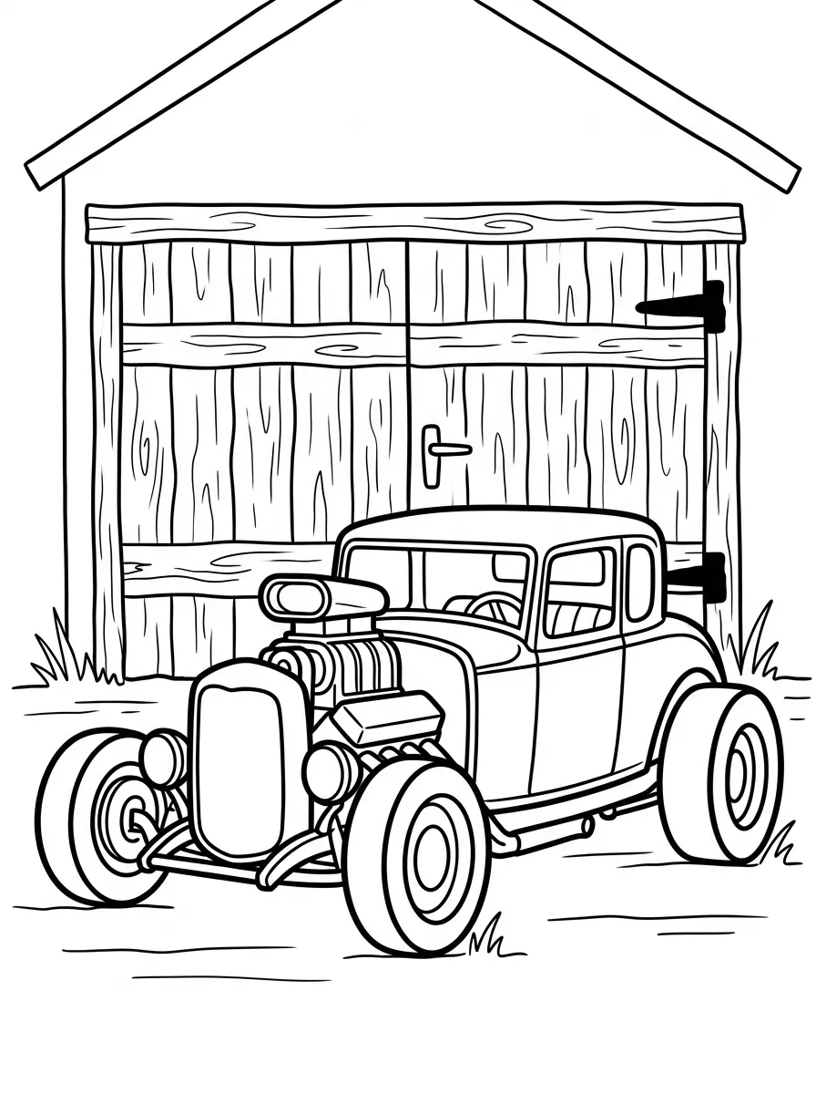 Rennauto vor rustikaler Holzgarage