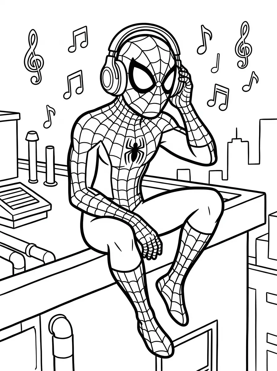 Spider-Man mit Kopfhörern auf Hausdach