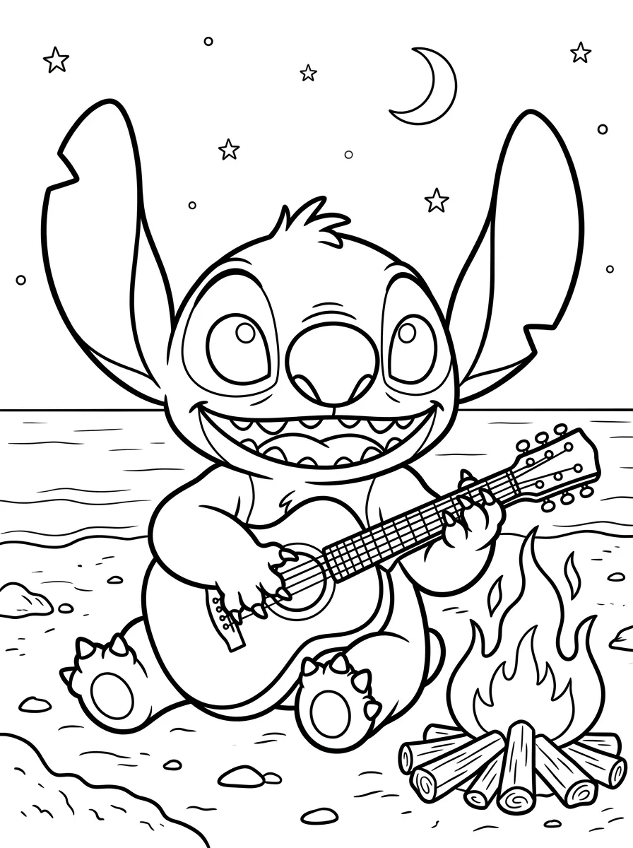 Stitch mit Gitarre am Lagerfeuer