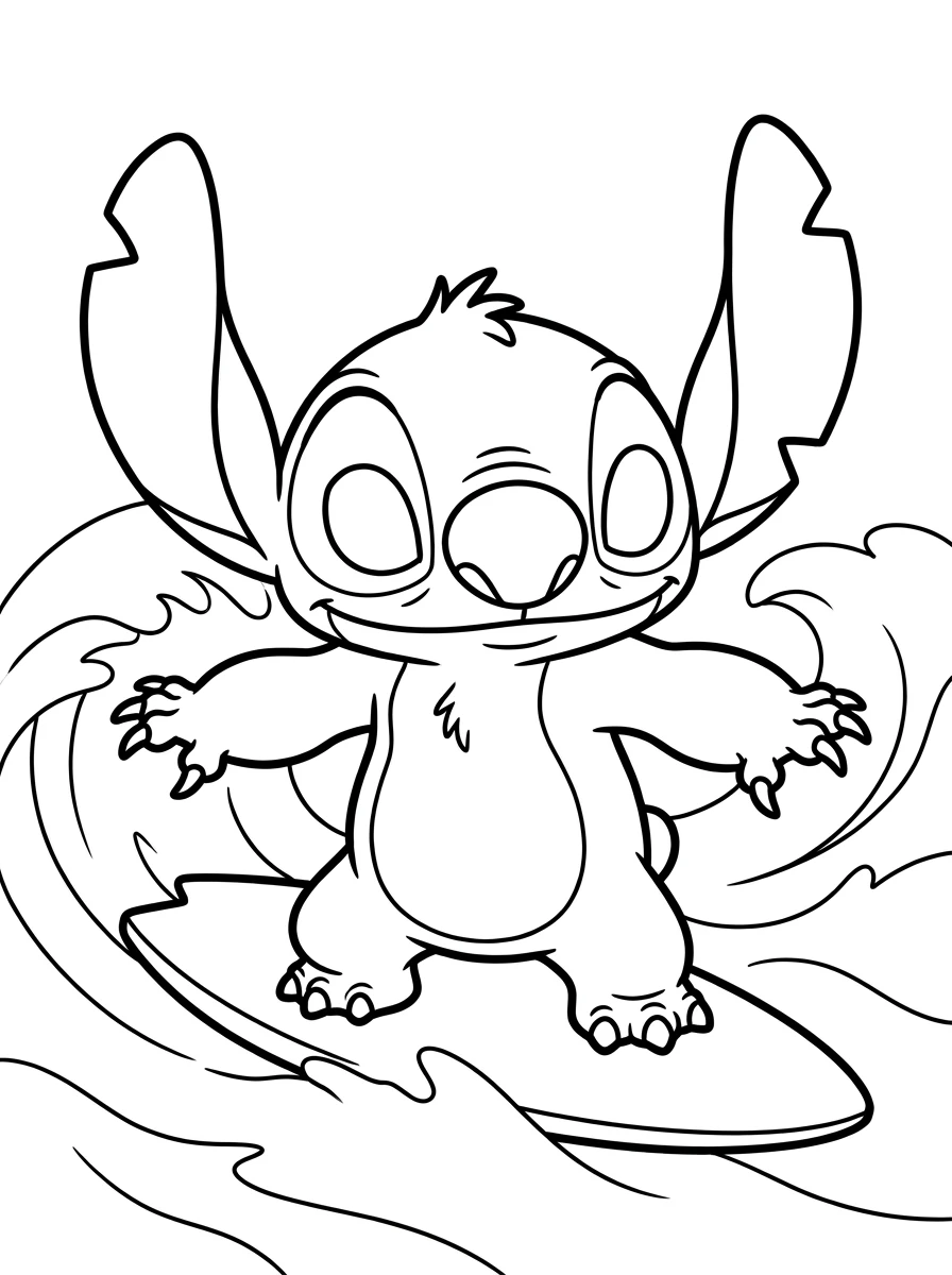 Stitch surft auf einer Welle