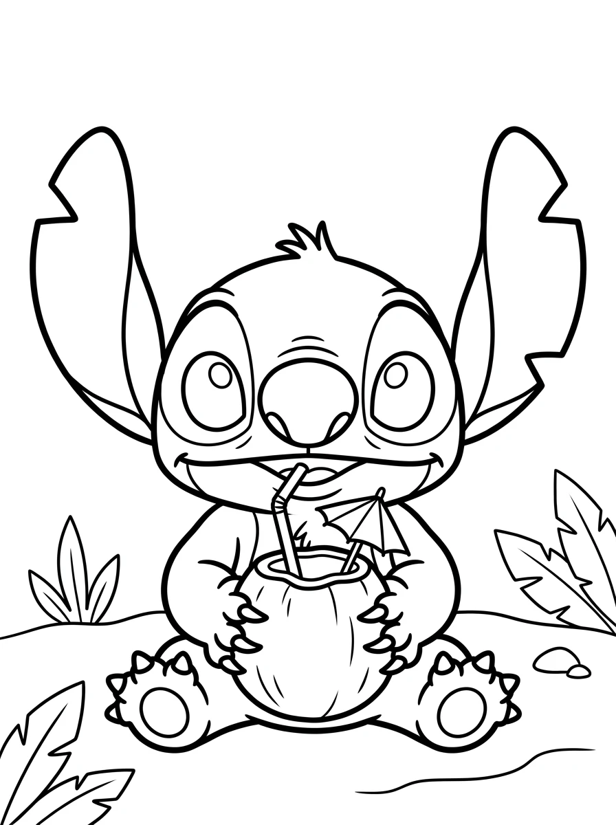 Stitch trinkt aus einer Kokosnuss