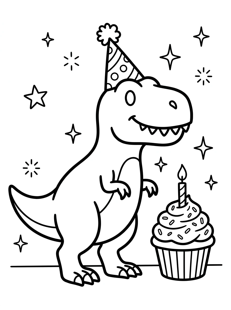 T-Rex mit Geburtstagshut und Cupcake