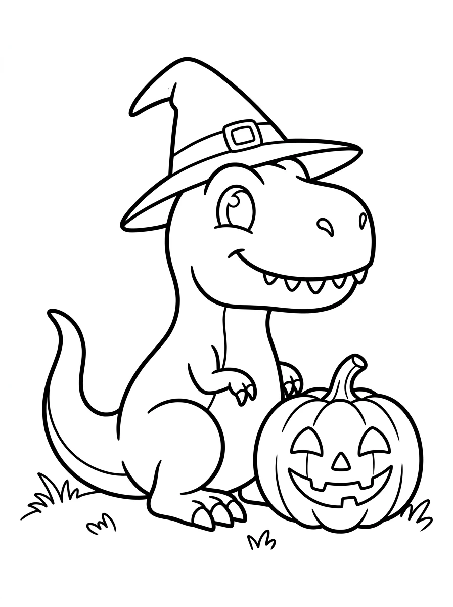 T-Rex mit Hexenhut und Kürbis
