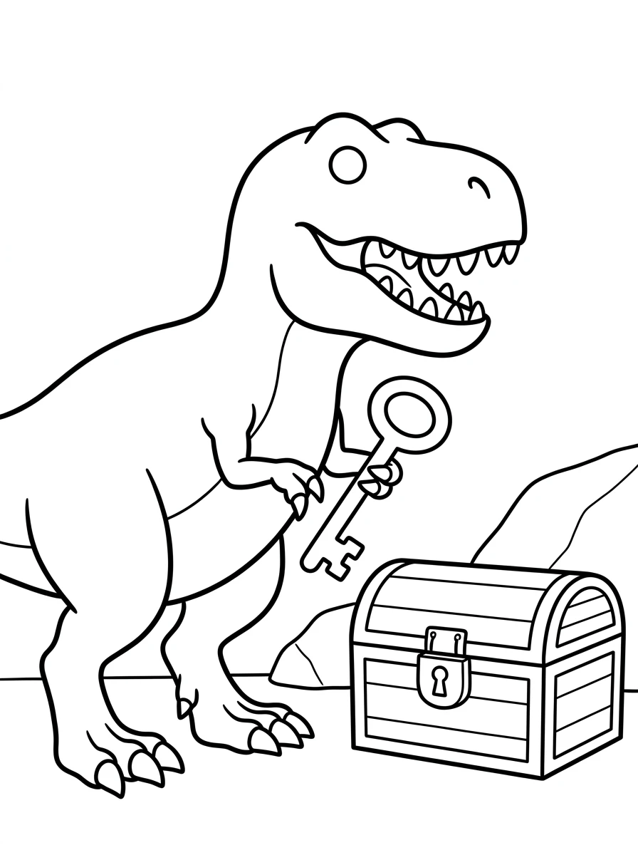 T-Rex mit Truhe und Schlüssel
