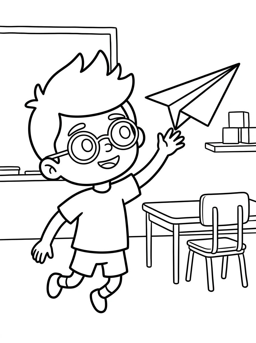 Leon mit Papierflieger im Klassenzimmer